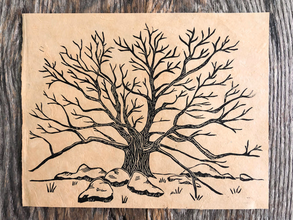 Rocky Knob Tree Linocut Print