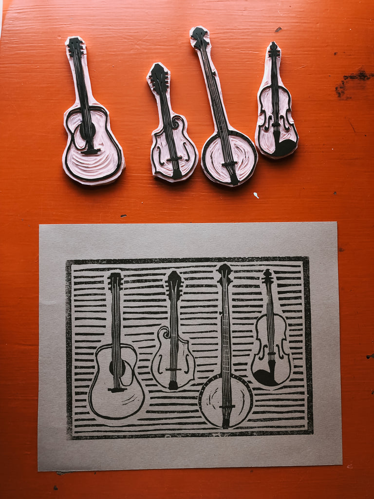 Bluegrass Instruments Linocut Print – Field and Forest Design