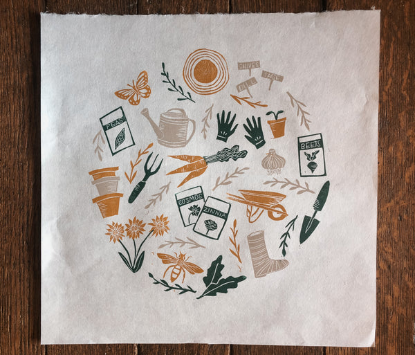 Gardening Original Linocut Print